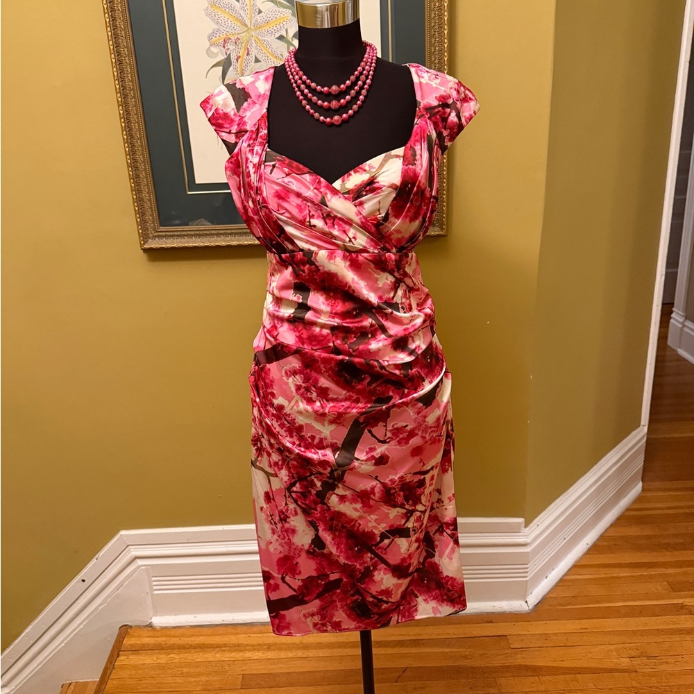 Le Chateau Pink and Red Floral Midi Dress